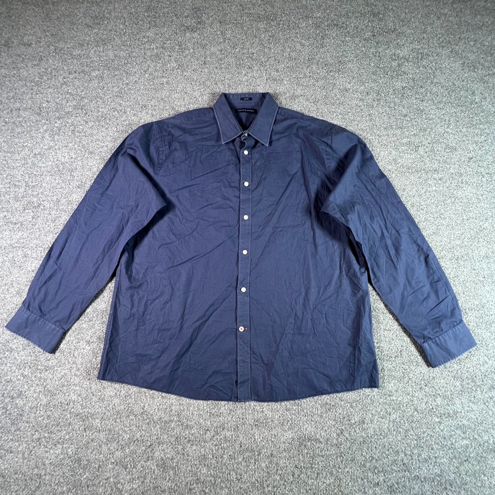 Tommy Hilfiger Dress Shirt Men's XL 17.5 34/35 Navy Blue Slim Fit Button Front